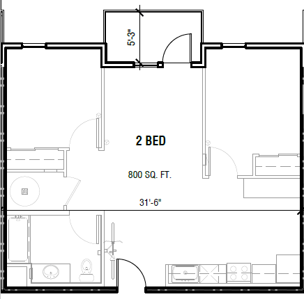 Floor plan for 2 beds, 1 bath, 800 sqft